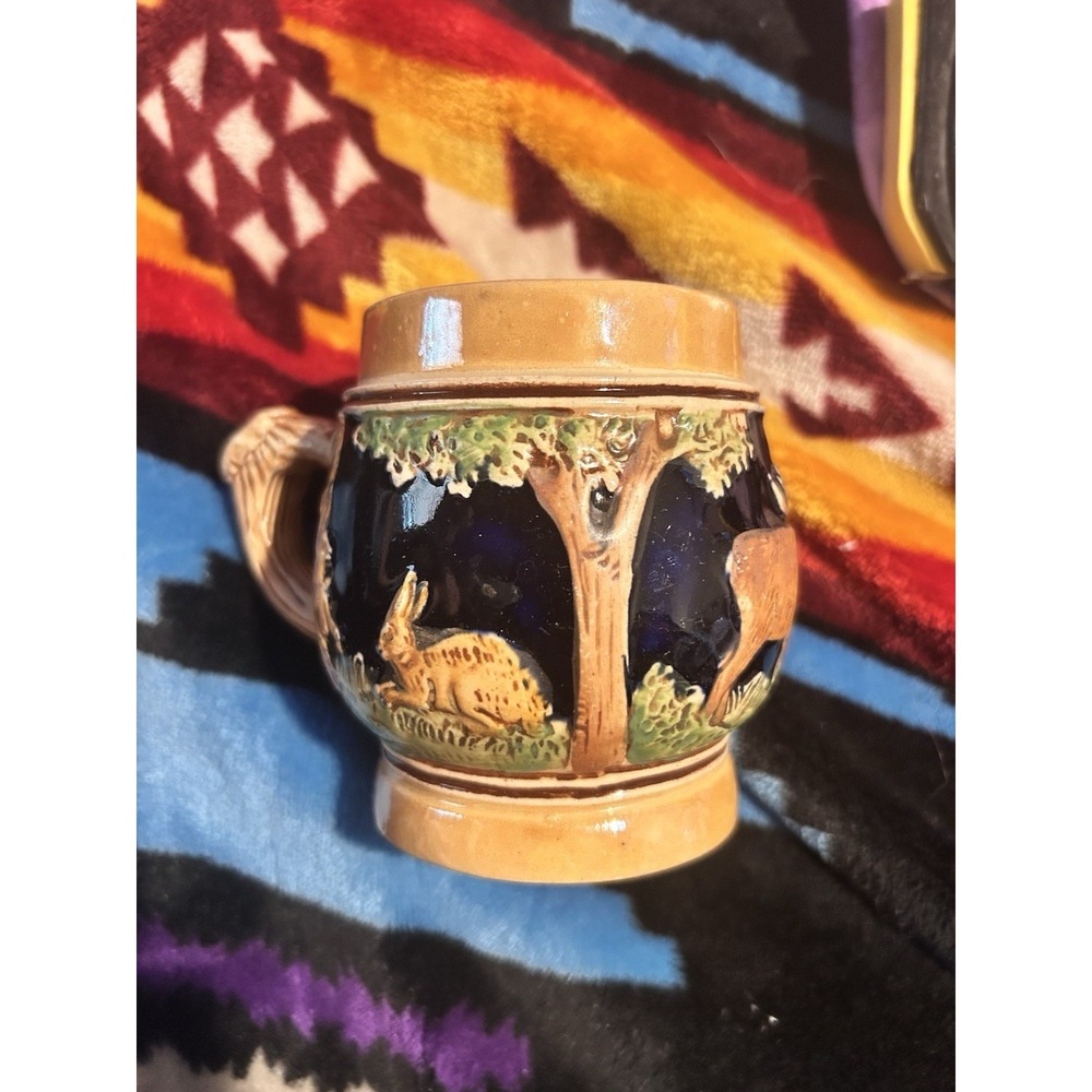 Vintage West Germany Hunting Mug Deer Rabbit Relief Ceramic Cup 4"